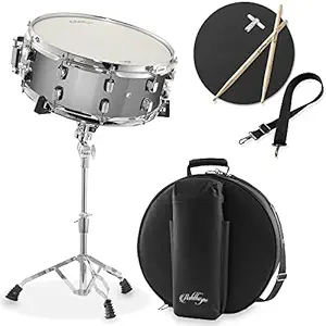 Ashthorpe Snare Drum Set with Remo Head (Silver) - Student Beginner Kit with Stand, Padded Gig Bag, Practice Pad, Neck Strap, and Sticks