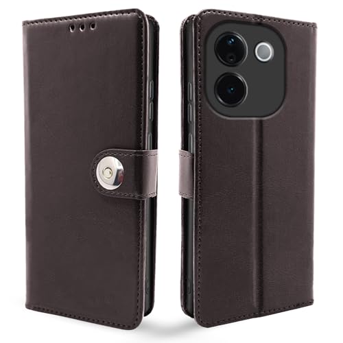 Image of Pikkme Flip Cover Leather Finish | Inside TPU with Card Pockets | Wallet Stand and Shock Proof | Complete Protection Button Flip Case for Vivo T3 Pro 5G / iQOO Z9s Pro 5G (Coffee)