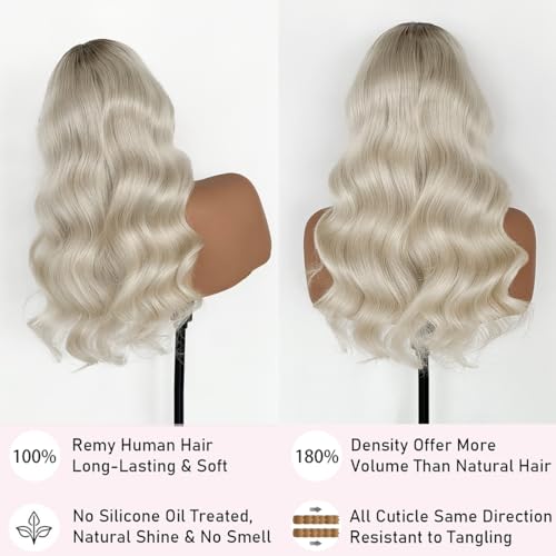 Image of Balayage Highlight Ombre Platinum Blonde Lace Front Wigs Human Hair Body Wave Pre Plucked 180 Density Platinum Blonde Human Hair 13x4 Front Wigs Glueless Lace Front Wig for Women ( Body Wave, 26 Inch)
