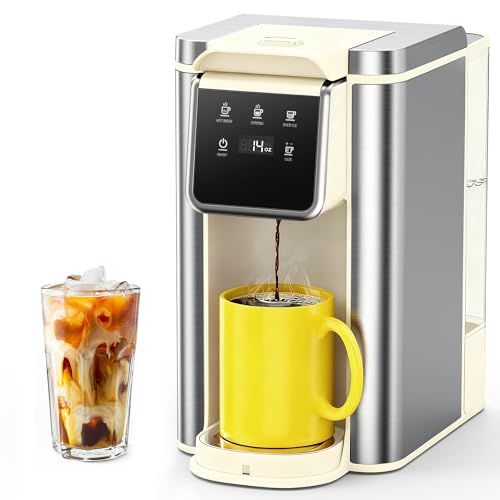 Image of Single Serve Coffee Maker for K-Cup Pod and Grounds, Hot and Iced Coffee Maker, 6 to 14oz Brew Sizes, 50oz Removable Reservoir, Strong Button Feature, Fit 6.5" Mugs, Stainless Steel, Off-White