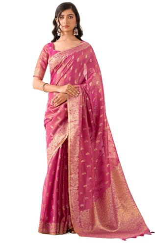 Image of SWORNOF Gold-Toned Woven Design Silk Zari Tissue Saree | Saree for Women | Soft and Skin Friendly