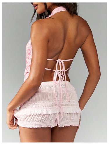 Milumia Women's Floral Sequin Draped Front Halter Top Sexy Tie Backless Asymmetrical Hem Tops3