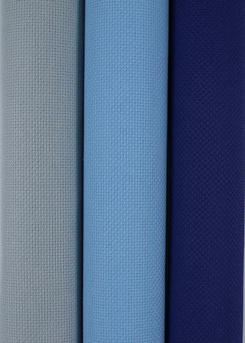 Image of KCS 3 pc of 15 inch x 18 inch(38cmx45cm) Counted Cross Stitch Cotton Aida Cloth Needlework Rolled Fabric Box,16CT,Sea Foam+Light Blue+Royal Blue