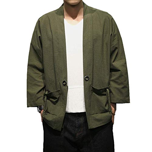 PRIJOUHE Men's Kimono Jackets Cardigan Casual Cotton Blends Linen Seven Sleeve Open Front Embroidery Coat3