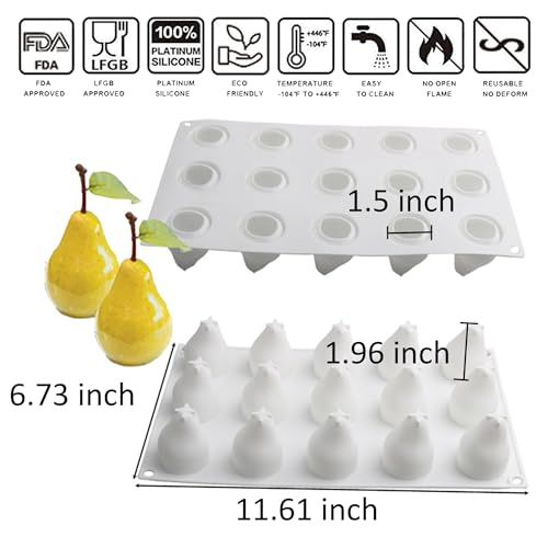 OCPO KITCHEN 3D Pear Shape Silicone Molds for Baking Mousse Cake, 3D Silicone Baking Mold for Candy Pastry Chocolate Truffle Cupcake Jelly Cookie Pudding Cake Decoration Mold, Pear Shape (15-Cavity)