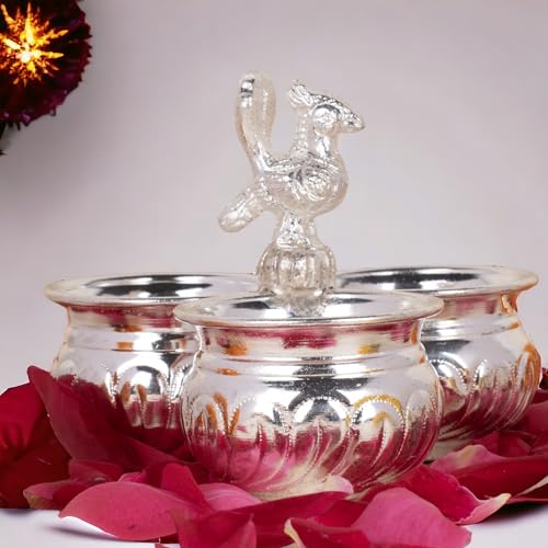 Sigaram German Silver 4x3 Inch Peacock Handle Peacock Handle Panchwala Kum Kum Bharani for Home Pooja Decor K2569