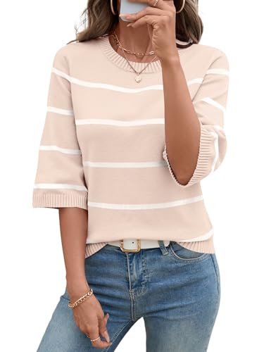 LOMON Womens Sweaters Casual Fall 2025 Crew Neck Striped 3/4 Sleeve Lightweight Knit Trendy Pullover Sweater Tops S-XL