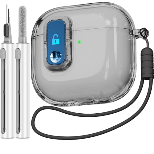 (with Safety Lock) Clear Case Compatible with AirPods 4th Generation Cases with Cleaner Kit Soft TPU Transparent AirPods 4 Case Full Protection Cover with Lanyard for AirPods 4 Gen (2024) (USB-C)Black