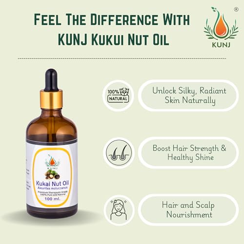 Image of KUNJ Kukui Nut Oil (Aleurites moluccanus) 100ML - 100% Pure & Natural, Cold Pressed, Undiluted - Therapeutic Grade Carrier Oil for Skin Care, Hair Nourishment & Hydration