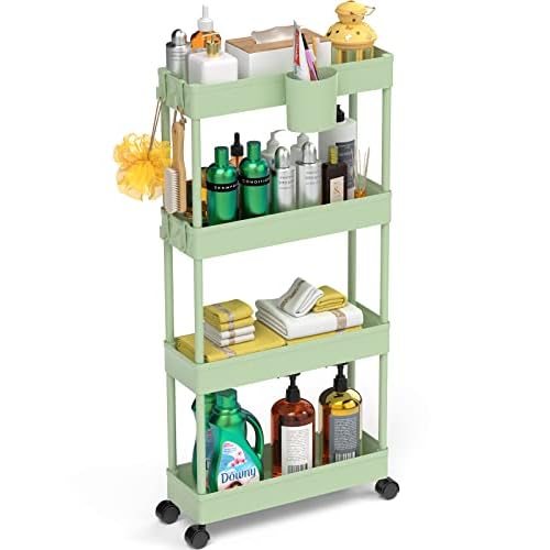 LEHOM 5.1″ Slim Storage Cart – 4 Tiers Bathroom Organizer Mobile Shelving Unit Storage Rolling Utility Cart Slide Out Organizer for Kitchen Bathroom Laundry Narrow Places, Green