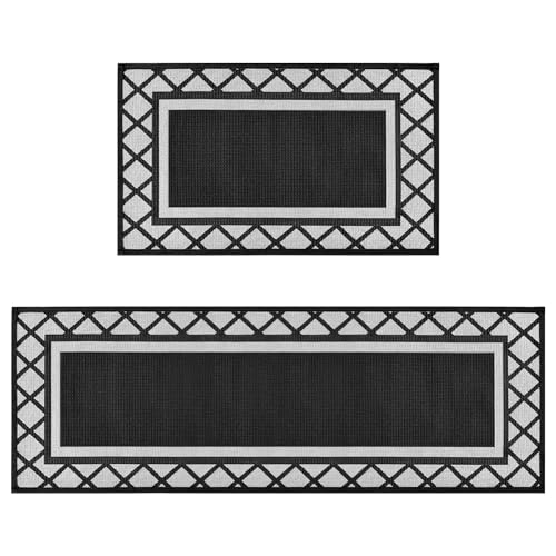 Artoid Mode Diamond Plaid Washable Absorbent Kitchen Mats Set of 2, Kitchen Rugs for Floor Hallway Laundry Room Front of Sink Black - 17x29 and 17x47 Inch