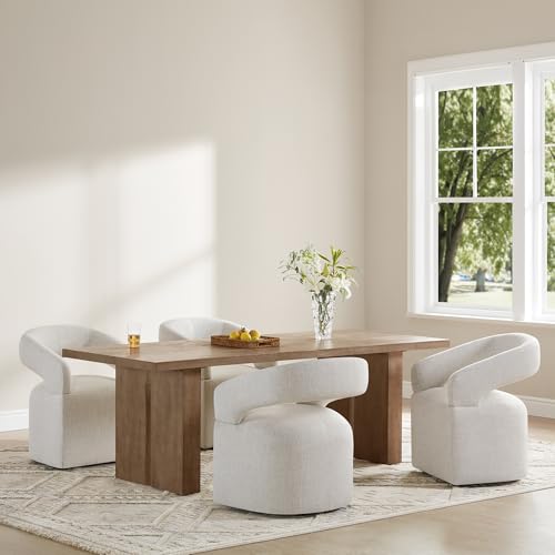 Image of KISLOT Upholstered Dining Chairs Set of 4, Modern Rolling Dining Chairs with Hidden Casters, Arm Kitchen Chairs with Linen Look Fabric, Padded Barrel Chairs for Dining Room, Kitchen, Bedroom, Beige