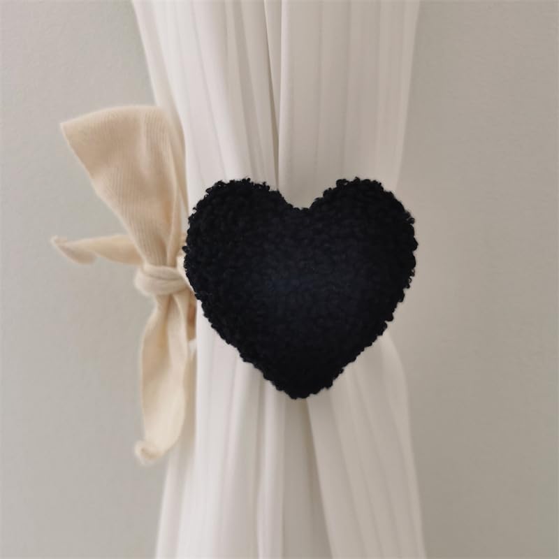 qbodp Embrasses À Rideaux Décoratives en Forme De Cœur, 2 Pièces Attaches Esthétiques pour Rideaux, Sangles De Rideaux Décoratives pour La Maison, Noires