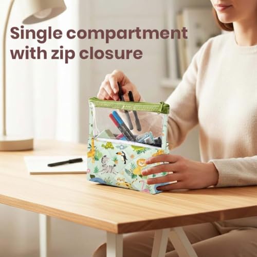 Image of Clear Zip Organizer | Multipurpose All-in-One Compact, Foldable, Durable, Lightweight, Waterproof, Bag | Travel Friendly Pouch | Ideal for Stationary & Small Accessory (Jungle Print)