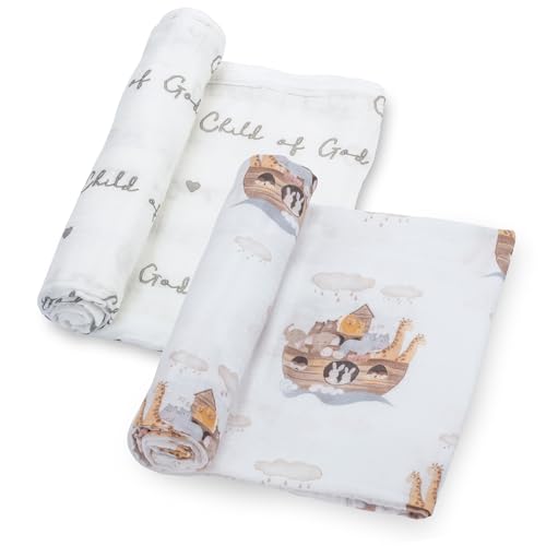 Image of LollyBanks Muslin Swaddle Blankets 2PACK, 100% Cotton Baby Blanket 47 x 47 Inches, Large Baby Swaddle Breathable, Muslin Blankets for Boys and Girls (Child of God and Noah's Ark Print)