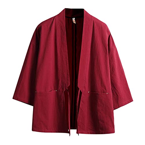 Haseil Men's Kimono Cardigan Japanese Jackets Casual Cotton Open Front Lightweight Linen Outwear, Wine Red, Tagsize XL=USsize M