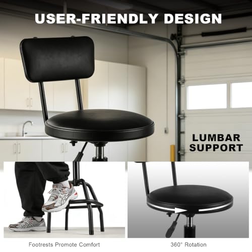 Image of BIG RED Pneumatic Shop Stool with Backrest, Black | Heavy-duty steel frame, 300-lb cap. Adjustable height 26.5 inch-31 inch .With backrest. No-tool assembly.