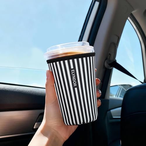 Image of Reusable Insulated Sleeve for Iced Coffee Cup, 3-Pack Coffee Neoprene Drink Sleeve for Cold & Hot Drinks, Beverage Holder for Iced Coffee (Black Stripes)