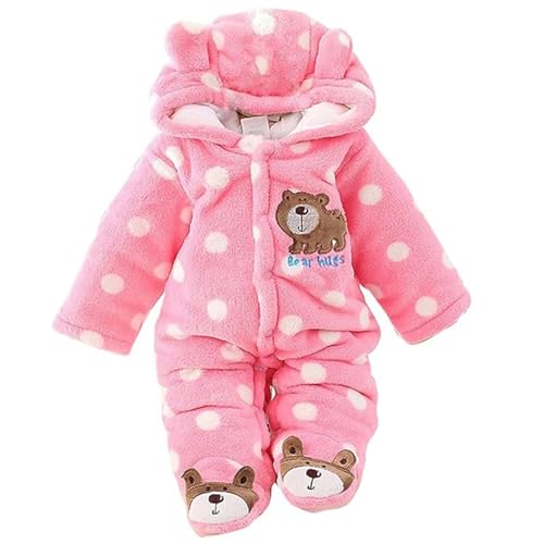 Image of ZYXKTA Baby Snowsuit Newborn Winter Hooded Footie Jumpsuit 0-3 Months Infant Girl Boy Bear Fleece Coat Pink Soft Outfit