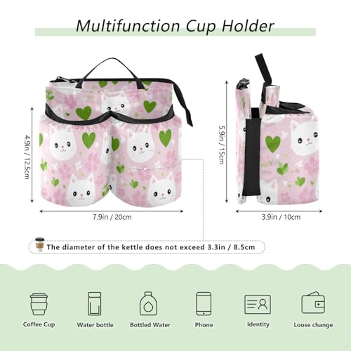 Image of Luggage Cup Holder for Suitcases Free Hands Suitcase Cup Holder Travel Luggage Drink Holder Portable Luggage Cup Caddy Bag Carrier with Handle Pink Cute Sakura Cat Faces Hearts