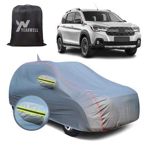 Image of Car Body Cover for Maruti XL6, 100% Waterproof, Heat-Resistant with Mirror & Antenna Pockets, Soft Cotton Lining, Triple Stitched, Green Reflector (Metallic Grey)