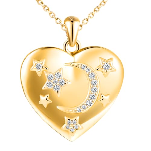 MICSAVI Médaillon Cœur Collier Étoile Lune Argent 925 pour Femme, Chaîne avec Pendentif Cœur pour Image Photo Médaillon Porte Photo Personnalisable...