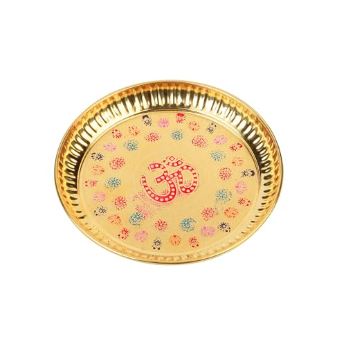 Image of Klassic Decorative Handicraft Flower Embossed Design Brass Om Pooja Thali /Plate | 6 Inch Size | Best for Home & Office Decoration & Gifting (Pack of 4, Golden)
