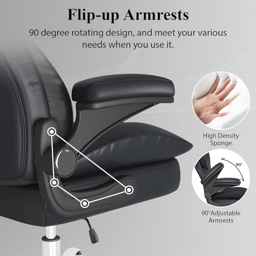 Office Desk Chair, Executive Leather Office Chair, High Back Ergonomic Home Desk Chair with Padded Flip-up Arms, Big and Tall Computer Chair with Rocking Function, 360°Swivel Free, Black - Image 7