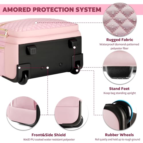 Small Rolling Backpack for Women, Lightweight Travel Backpack with Wheels, Convertible Carry On Luggage, Pink, 15.6", Rolling Backpack for Women