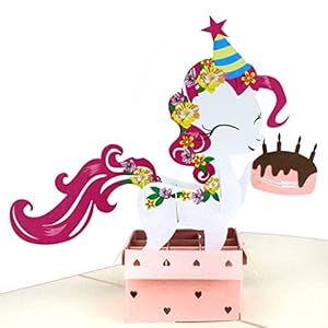 MOKIO® Pop-Up Verjaardagskaart – Gelukkige Verjaardag Pony met cadeau en cake – 3D wenskaart voor een verjaardag, geweldig voor geldgeschenken, handgemaakte cadeaukaart met envelop