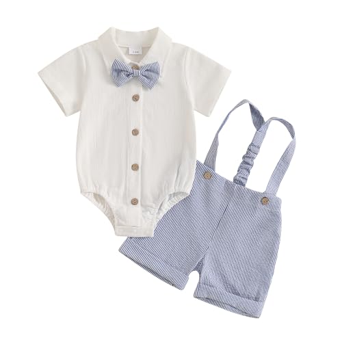 Baby Boy Gentleman Short Sleeve Lapel Neck Romper with Stripe Suspender Shorts and Bowtie