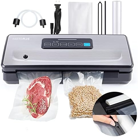 Food Sealer Vacuum Sealer Machine 10-In-1 with Full Starter Kit Built-in Cutter and Bag Storage(Up to 20ft), INKBIRD Moist/Dry/Pulse/Canister/Seal Food Vacuum Sealer Machine with Sealer Bag*5 (8"*11.8") and Bag Roll*1 (11"*118"), Sealing Strip & Foam Gasket, -85Kpa, Noise <65dB