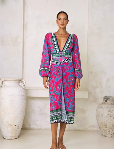 FLAXMAKER Women One Piece Long Sleeve Peacock Totem Print Deep V Neck Belt Two Piece Set Bathing Suit and Sarong3