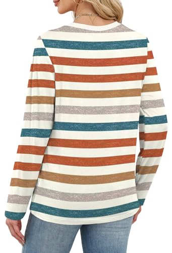 WIHOLL Womens Long Sleeve Shirts 2025 Striped Color Block Tops Fall Fashion Clothing Ribbed Crewneck Tee Blouses