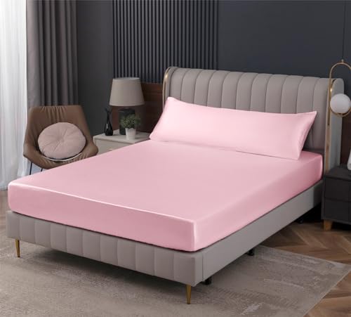 Homiest Blush Pink Satin Fitted Sheet - Full Size, Deep Pocket, Luxury & Ultra Soft Bedding