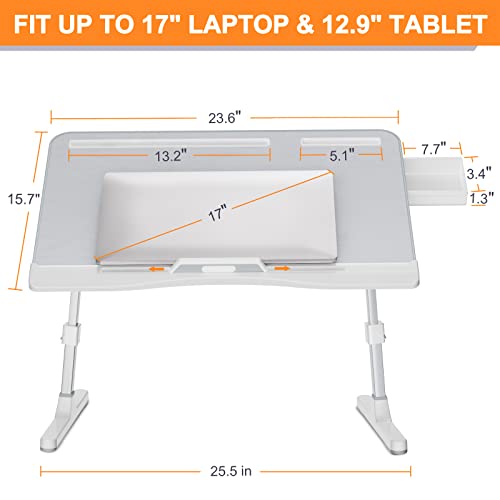 Hetthi Laptop Desk For Bed, Adjustable Bed Desk With Foldable Legs Storage Drawer Tablet Slot Phone Slot Removable Stopper, Pvc Leather Bed Tray For Writing Working Reading Eating (X-Large, Gray) #TOP4