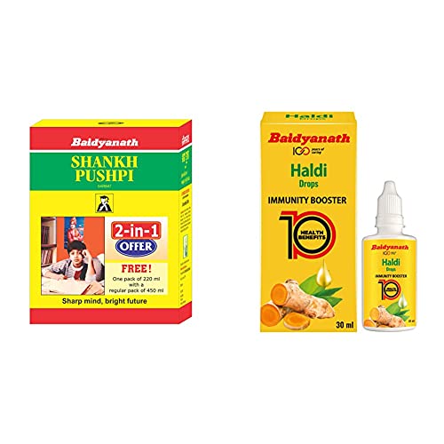 Image of Baidyanath Shankhapushpi Sharbat - 450 ml with Free Sharbat - 220 ml & Baidyanath Haldi Drops - Natural Immunity Booster - 30 ml