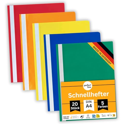 perfect line - 20 Schnellhefter (PP) DIN-A4 5 Farben recycelbarer Kunststoff Made in Germany - dokumentenecht & säurefrei -