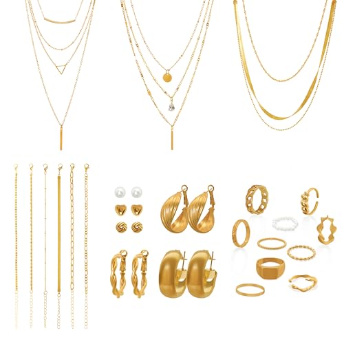 Fumwase Gold Jewelry Set for Women Fashion Costume Jewelry Multi Layered Necklaces Stackable Bracelets Hoop Earrings Knuckle Rings for Valentine Anniversary Birthday Gift Adult