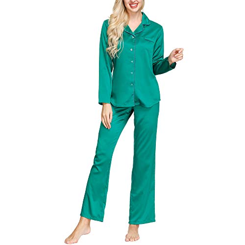Satin Pajama Set For Women | Classy Silky Notch Collar Long Pjs Set Green XS