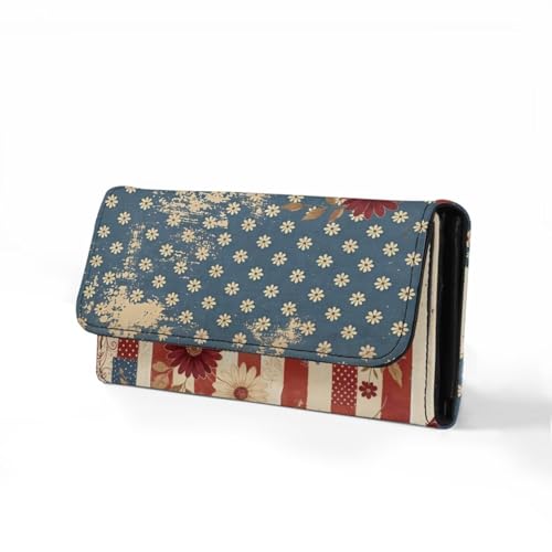 Image of AFPANQZ Womens Wallet with RFID Slim Wallets for Women, American Flag Daisy Thin Ladies Credit Card Holder Purse, Cute Leather Bifold Clutch
