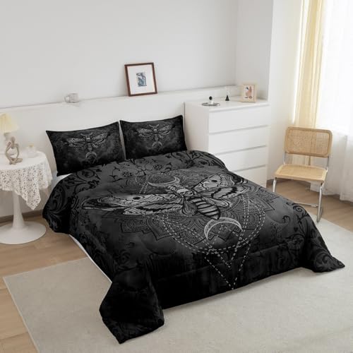 Image of Feelyou Boys Girls Black Moth Damask Bedding Set Toddler Size, Gothic Comforter Set Kids Death Moth Bohemia Boho Duvet Insert Teens Bedroom Decor Microfiber Bed Set