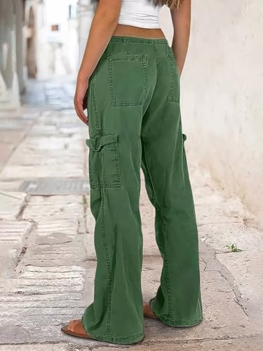 Flamingals Straight Leg Pants for Women Mid Rise Casual Drawstring Side Flap Pockets Solid Pants3