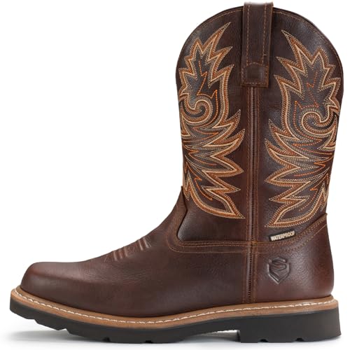 SUREWAY Mens Square Toe Cowboy Boots for Men,Waterproof Soft/Steel Toe Western Work Boots with Classic Embroidered,Soft Toe Dark Brown,Size 82