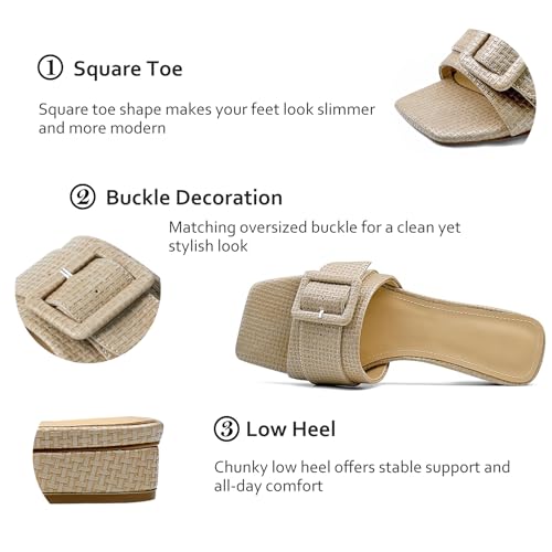 Image of Women's Slide Heeled Sandals Opened Square Toe Chunky Block Heel Slippers with Buckle Slip on Casual Comfortable Pumps