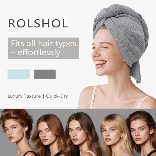 Image of ROLSHOL 2 Pack Microfiber Hair Towel Wrap for Women, 32 inch x 11 inch Waffle Weave Hair Plopping Towel for Curly, Long & Thick Hair, Anti-Frizz Hair Turbans for Wet Hair (Gray,Cyan Blue)
