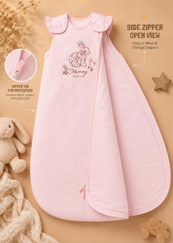 Image of TuddyBuddy Baby Cotton Wearable Quilted Sleeping Bag Blanket 1.5 Tog with 1 Way Zipper Closure | Ideal for Babies & Kids Hypoallergenic Fabrics | (Bunny Patch - Pink Polka, 18-24 Months)