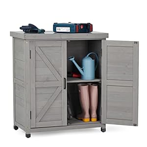 Outdoor Potting Bench with Storage Cabinet and Metal Top, Wood Workstation for Outdoor Patio, Garden (Dark Grey, 31x17x36‘’) Outdoor Potting Bench with Storage Cabinet and Metal Top Wood Workstation for Outdoor Patio Garden Dark Grey 31x17x36