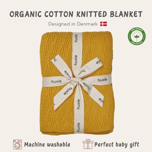 Image of 100% Organic Cotton Knit Receiving Baby Blanket for Newborns - Soft, Breathable Blanket for Crib & Stroller - Nursery Gift (Waves-Yellow)