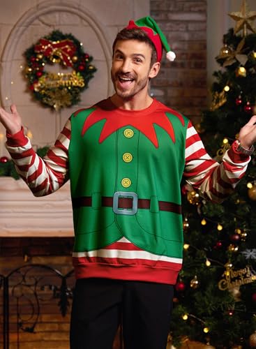 Arvilhill Mens Ugly ELF Stripe Christmas Sweatshirt Unisex Tacky 3D Graphic Print Hilarious Funny Sweater Holiday Jumper L4